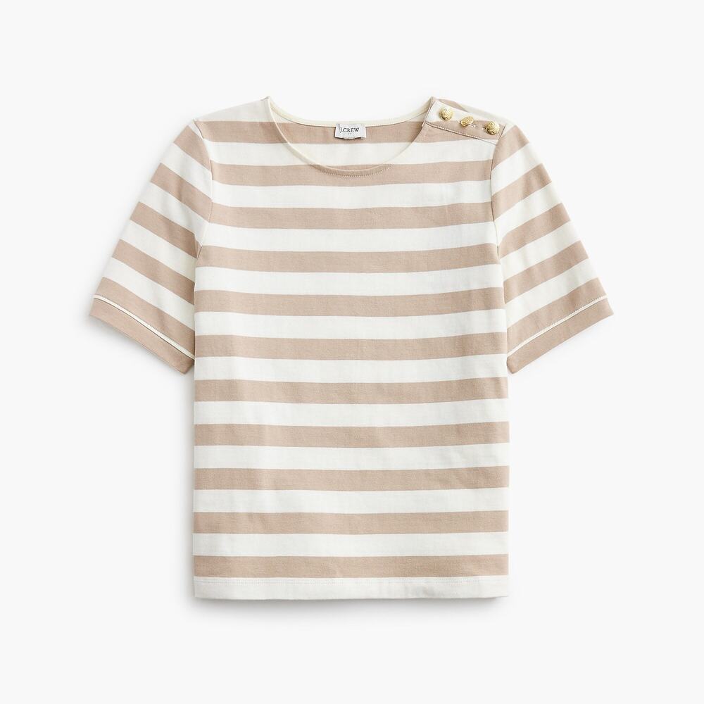 JCrew Factory S/S Stripe Button-Shoulder Tee CJ079 Vintage Sandstone Ivory S NWT